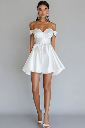 White A Line Off the Shoulder Graduation Dress